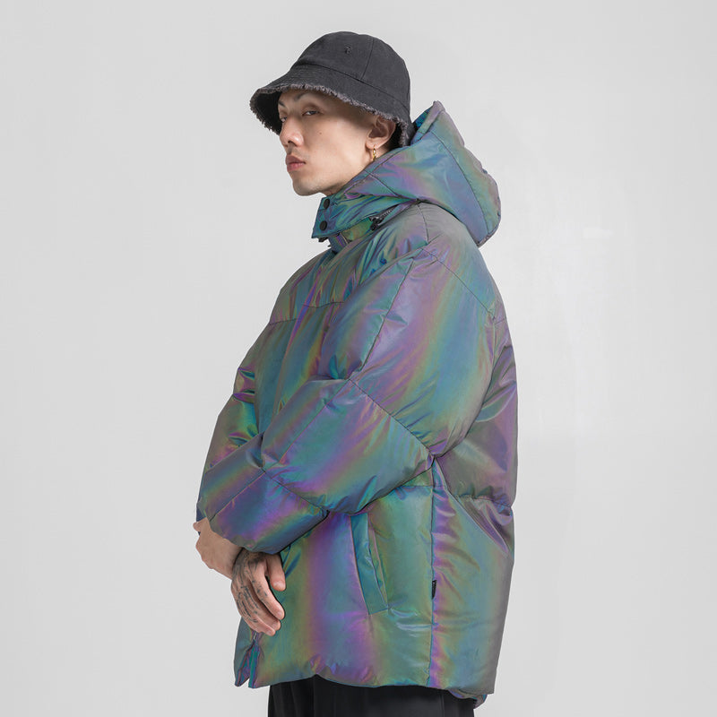 BLACKAIR LASER iridescent hooded puffer, side modeled view with hood down