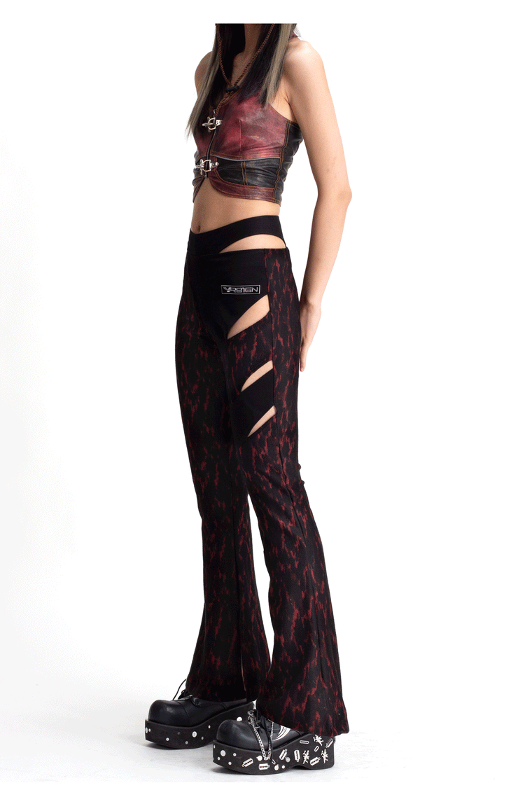 4RE1GN ASYMMETRY jacquard cutout flared pants, side-front view of the cutouts