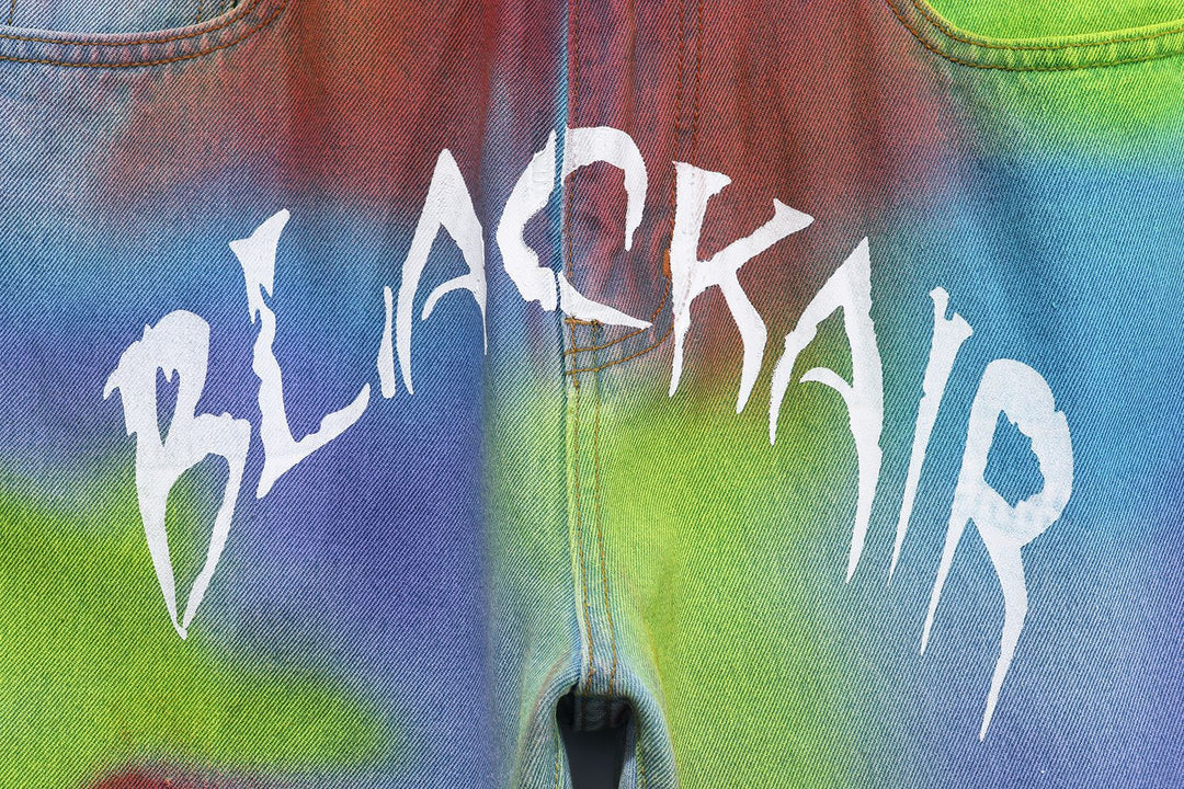 BLACKAIR INKJET LOVE GRAFFITI multicolor heart jeans, close BLACKAIR waist lettering