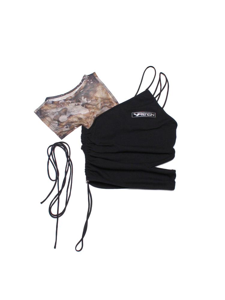 4RE1GN TIE-DYE SLEEVE asymmetric crop top, product-only front showing the contrasting sleeve and ties