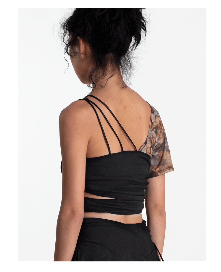 4RE1GN TIE-DYE SLEEVE asymmetric crop top, rear view of the asymmetric straps
