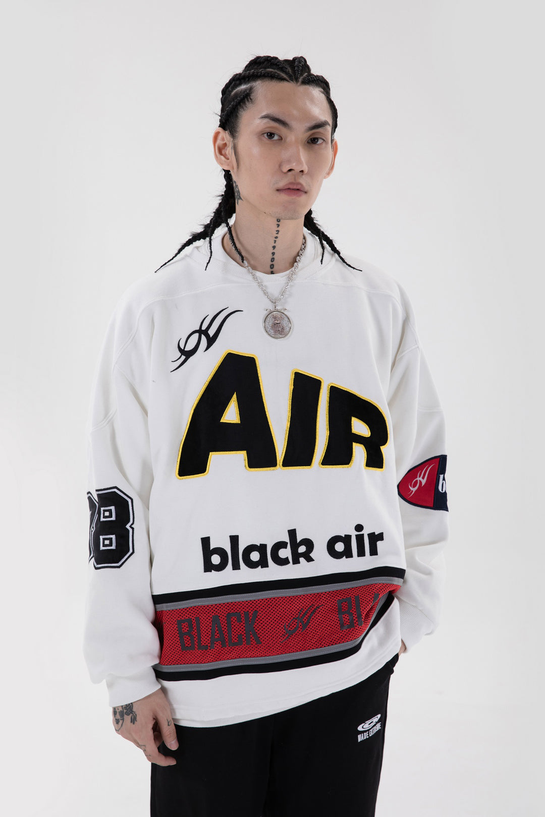 BLACKAIR varsity-letter sweatshirt, white, close front outfit