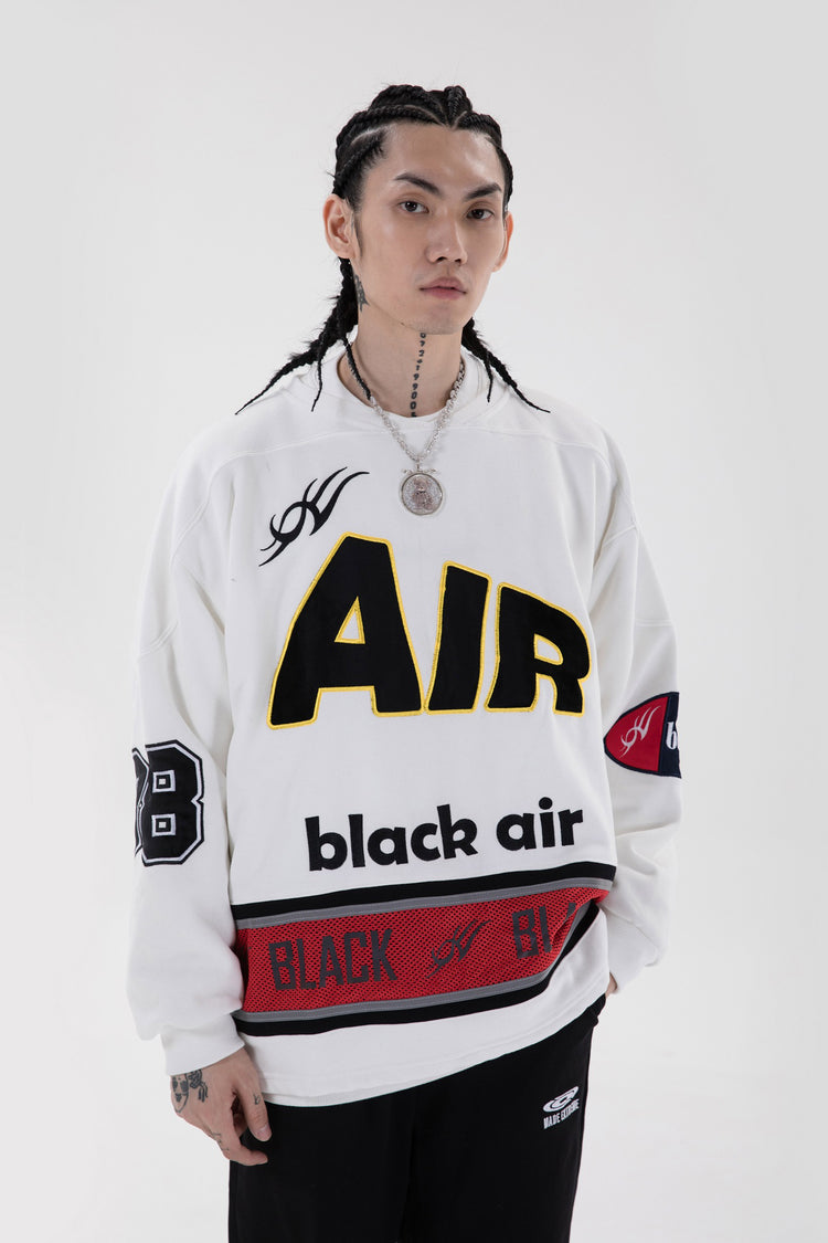 BLACKAIR varsity-letter sweatshirt, white, close front outfit