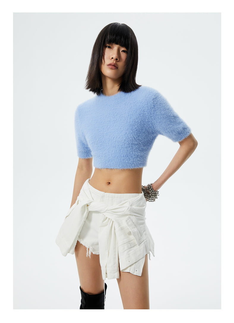 SHOWROOM PLUS ILLUSION tied-sleeve denim shorts, white, close front outfit