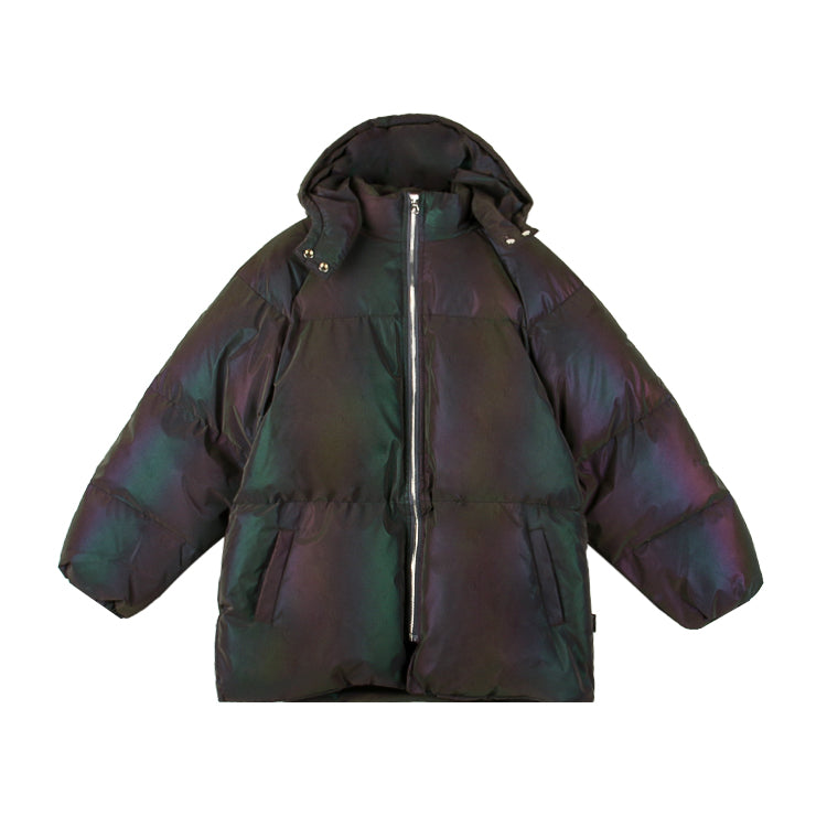BLACKAIR LASER iridescent hooded puffer, dark product front with subdued reflections