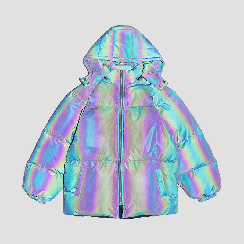 BLACKAIR LASER iridescent hooded puffer, product front with pink-green-blue reflections