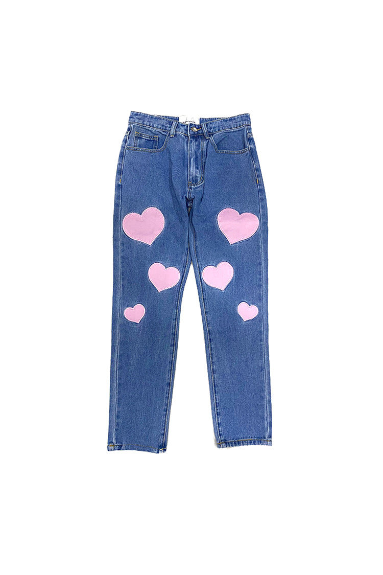 BLACKAIR BIG HEARTS pink-patch jeans, blue version, product-only front
