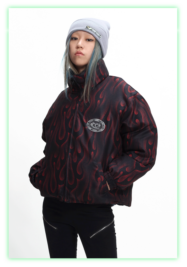 4RE1GN PYTHON FLAME reversible graphic puffer jacket, red side, close zipped-front styling