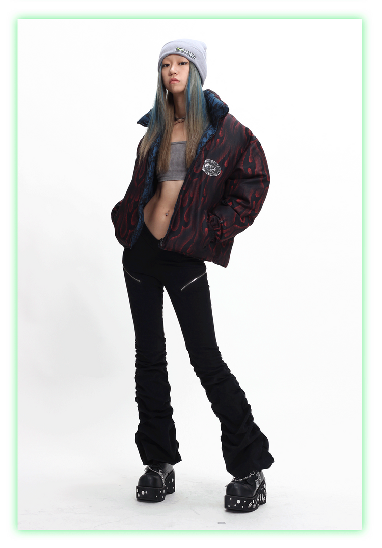 4RE1GN PYTHON FLAME reversible graphic puffer jacket, red side, full open-jacket outfit