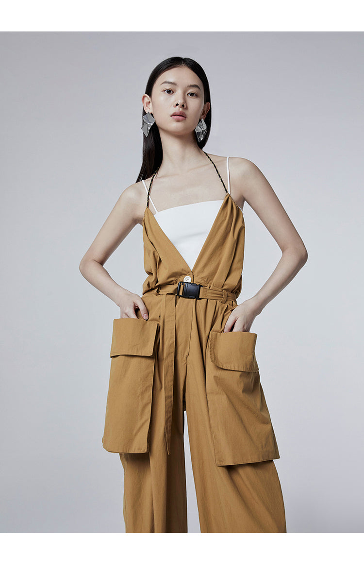 SHOWROOM PLUS HACKWRENCH UTILITY convertible jumpsuit, brown, front pose with hands in cargo pockets