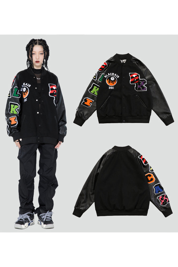 BLACKAIR FIRE POOL eight-ball varsity jacket, black version, on-body and front/rear product collage