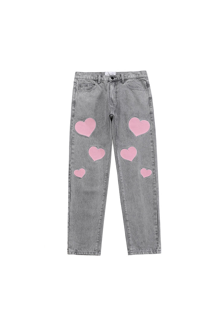 BLACKAIR BIG HEARTS pink-patch jeans, gray version, product-only front