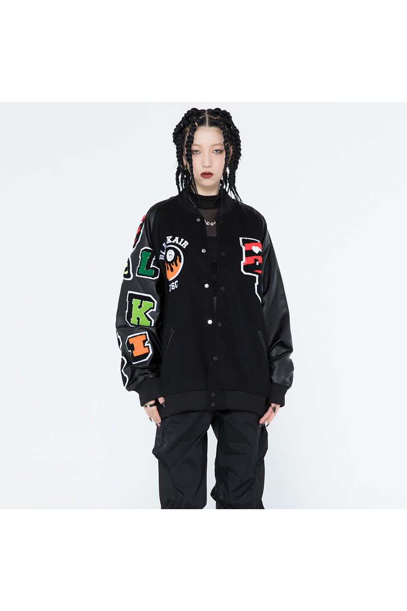 BLACKAIR FIRE POOL eight-ball varsity jacket, black version, full front outfit