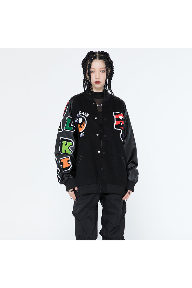 BLACKAIR FIRE POOL eight-ball varsity jacket, black version, full front outfit