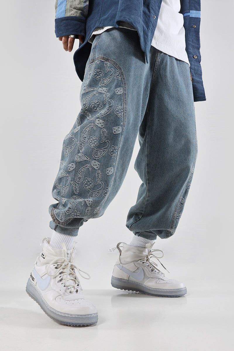 BJHG CASHEW paisley-panel loose jeans, side-front on-body view of the paisley panels