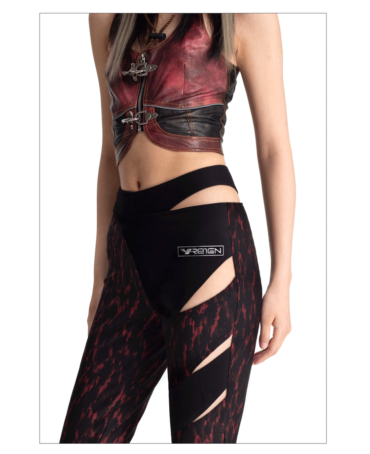 4RE1GN ASYMMETRY jacquard cutout flared pants, close asymmetric waist and thigh openings