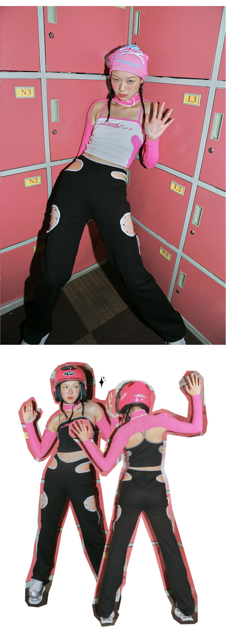 NEXT PASSPORT RETROFUTURE cutout pants, pink-locker editorial collage