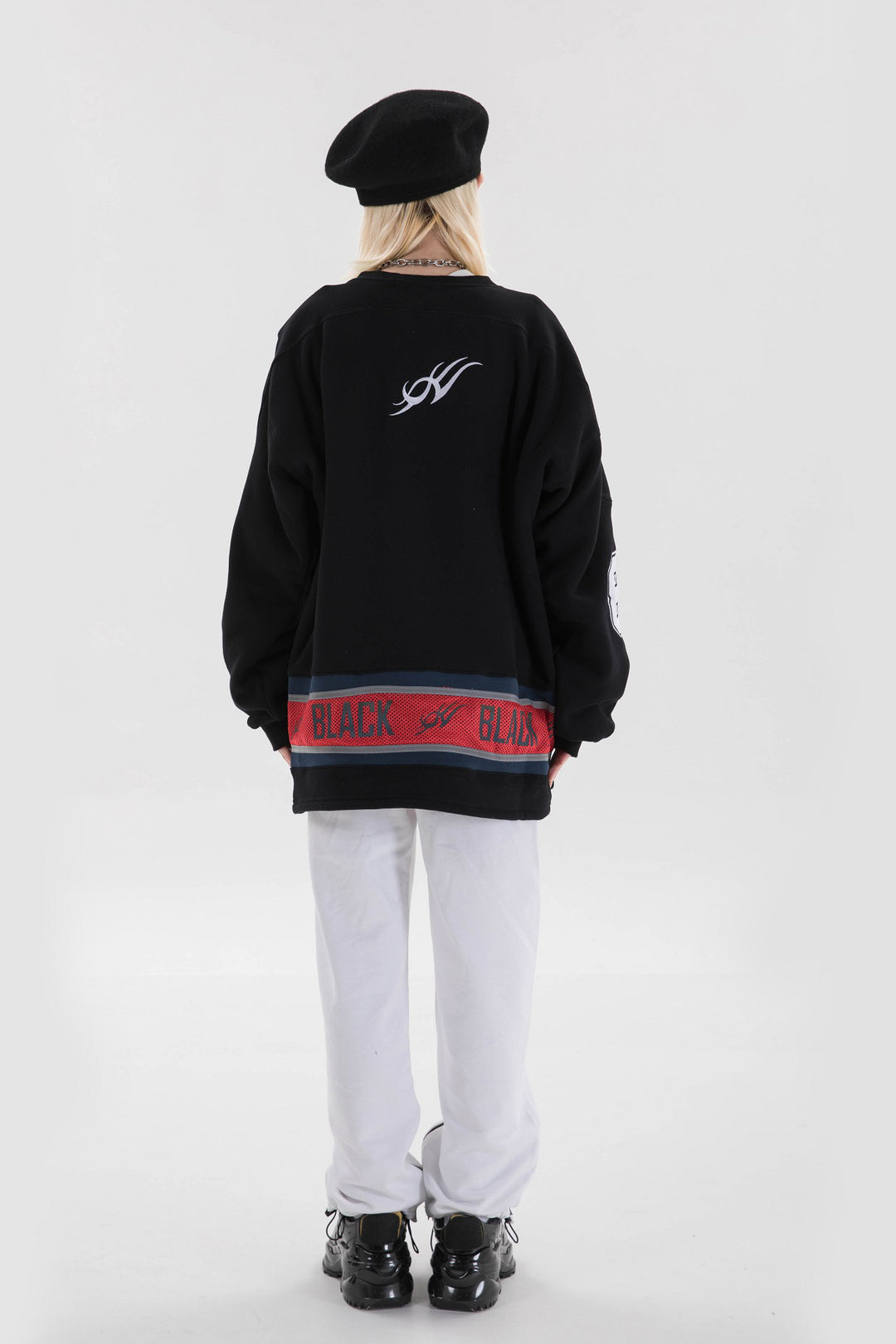 BLACKAIR varsity-letter sweatshirt, black, full rear outfit