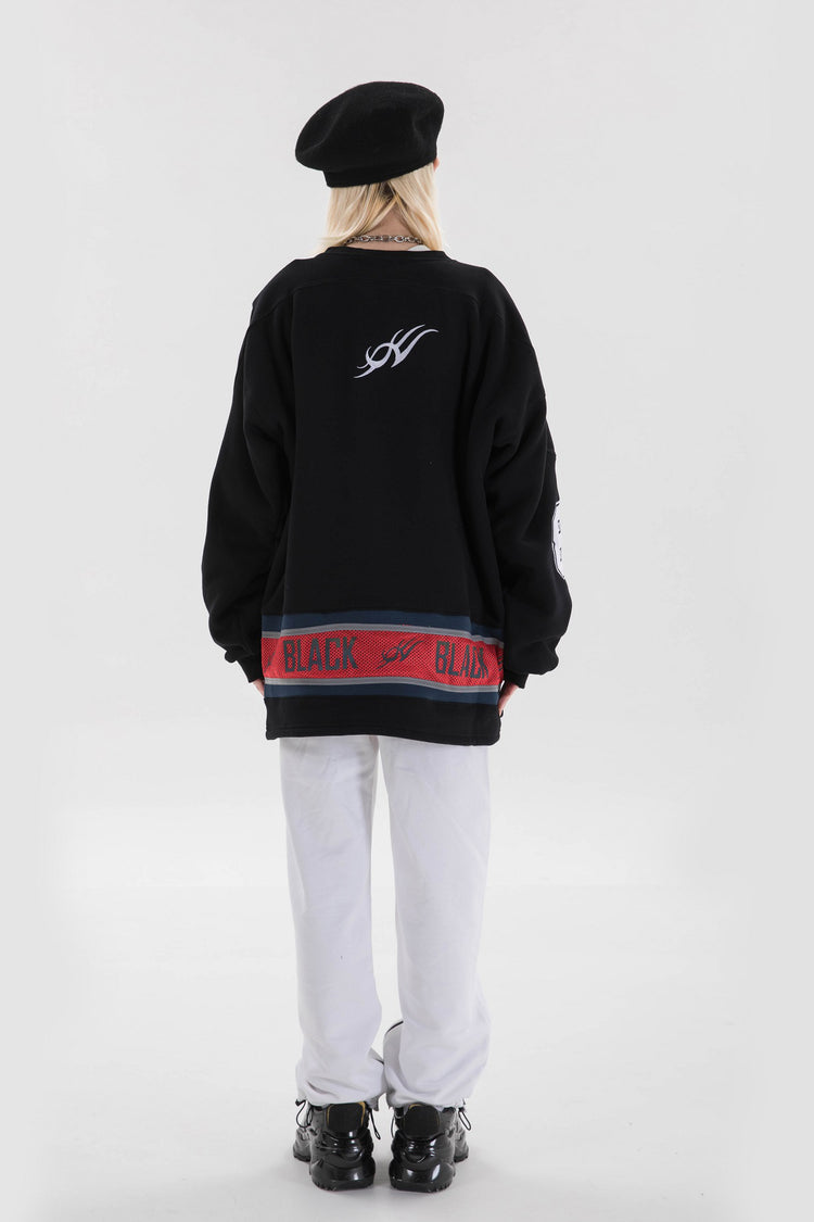 BLACKAIR varsity-letter sweatshirt, black, full rear outfit