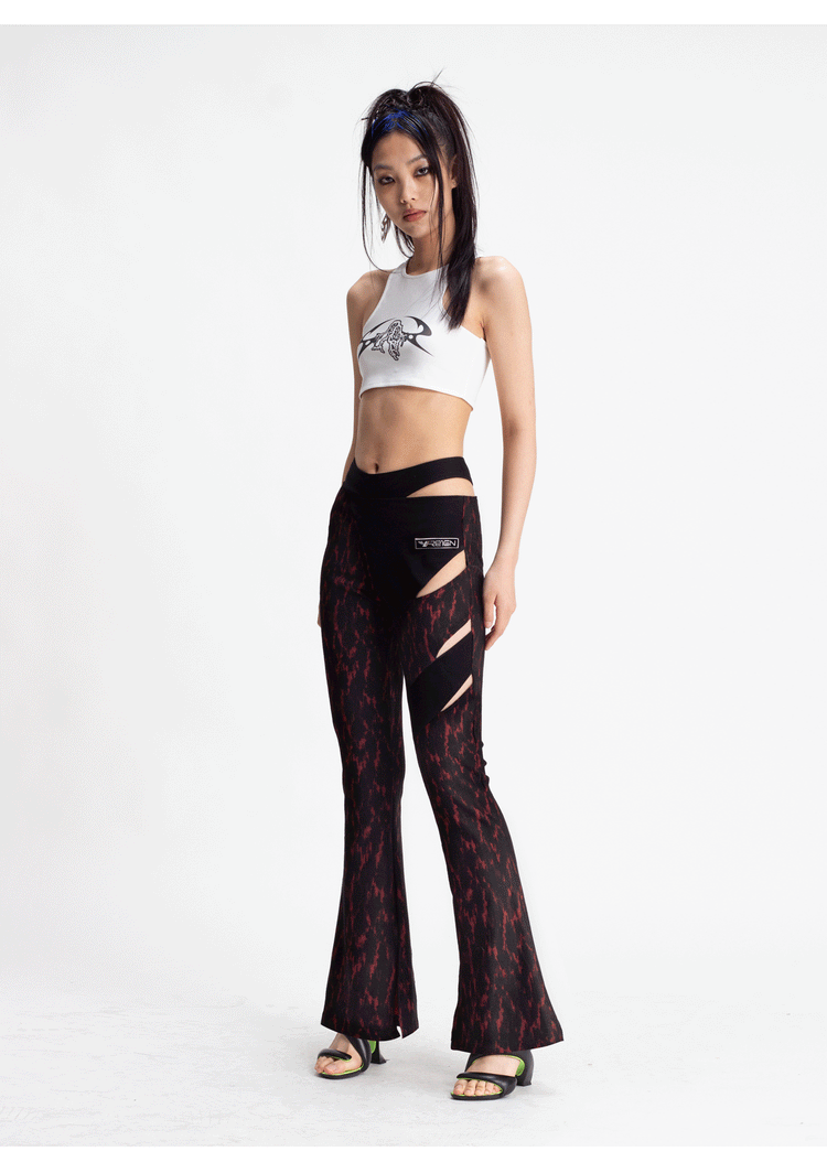 4RE1GN ASYMMETRY jacquard cutout flared pants, three-quarter white-top outfit