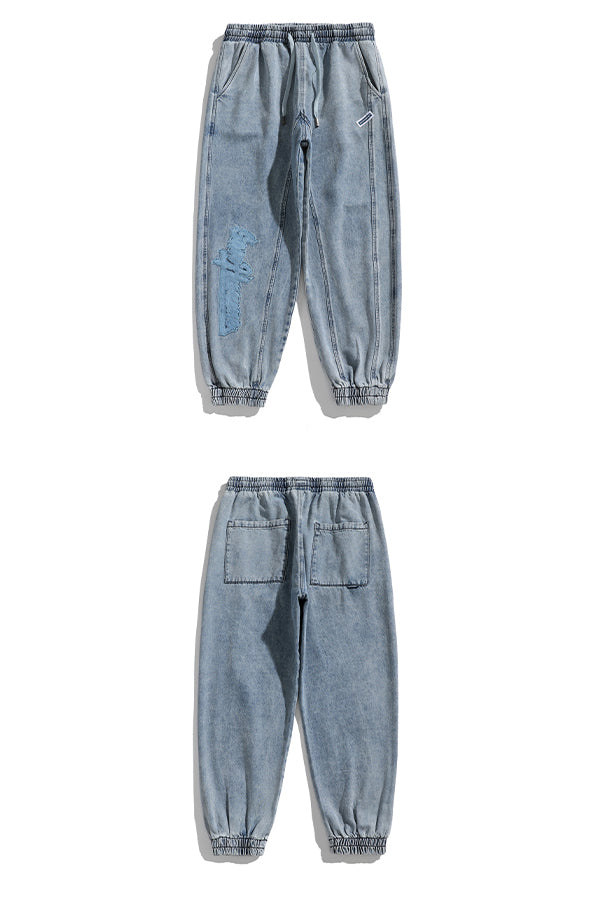 BJHG EMBROIDERED loose denim joggers, product-only front and rear views