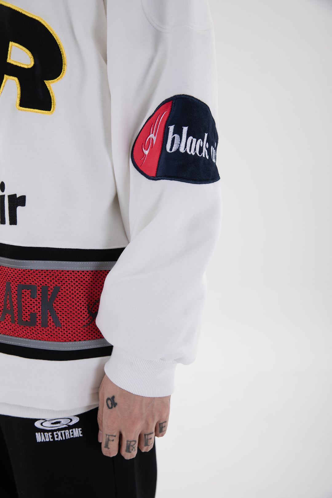 BLACKAIR varsity-letter sweatshirt, white, oval sleeve patch detail