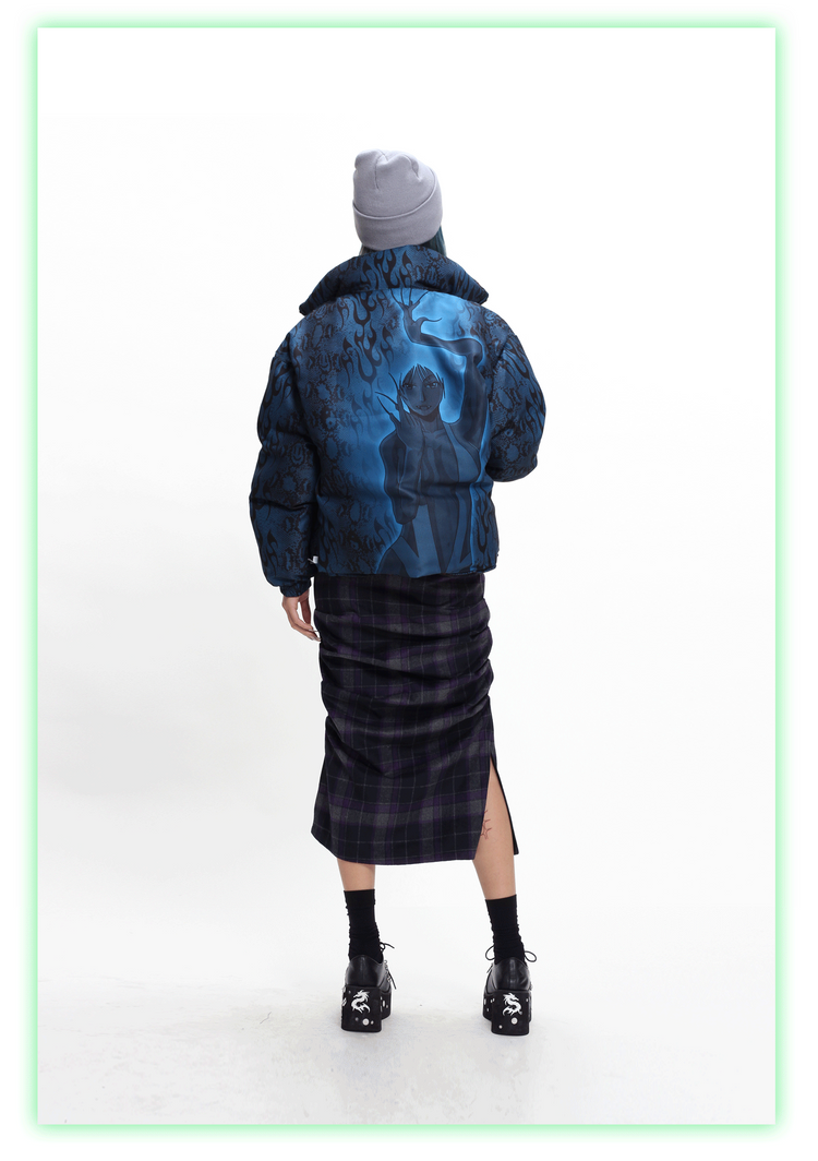 4RE1GN PYTHON FLAME reversible graphic puffer jacket, blue side, full rear outfit with a plaid skirt