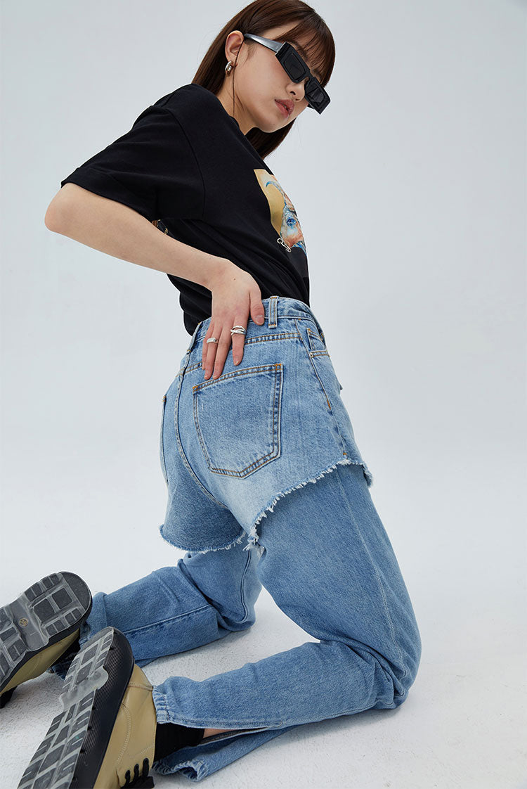CLICK CHIC HACKWRENCH layered denim shorts, side kneeling pose over separate jeans