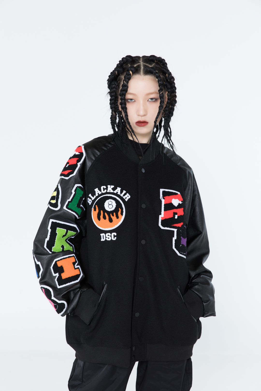 BLACKAIR FIRE POOL eight-ball varsity jacket, black version, front styling