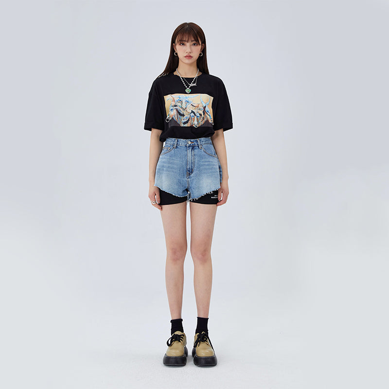 CLICK CHIC HACKWRENCH layered denim shorts, full standing outfit over black biker shorts