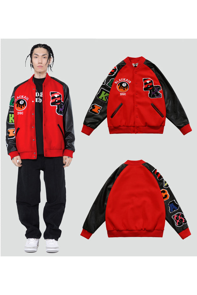 BLACKAIR FIRE POOL eight-ball varsity jacket, red version, on-body and front/rear product collage