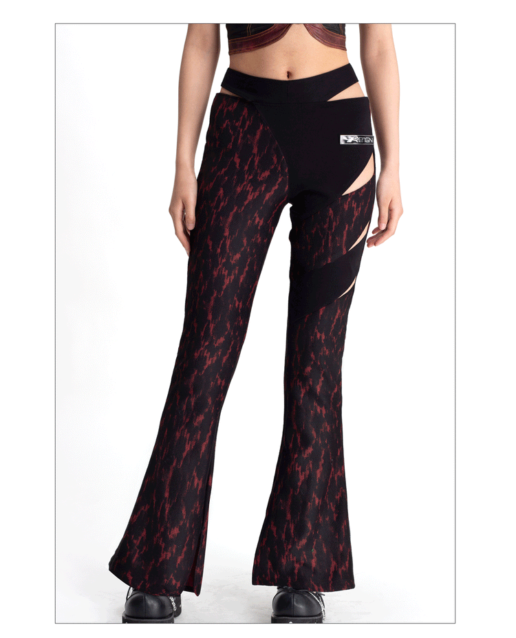 4RE1GN ASYMMETRY jacquard cutout flared pants, front waist-to-hem view of the flared legs