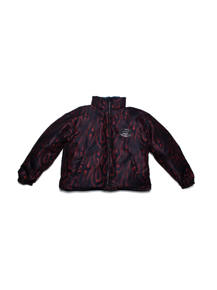 4RE1GN PYTHON FLAME reversible graphic puffer jacket, red side, product-only front