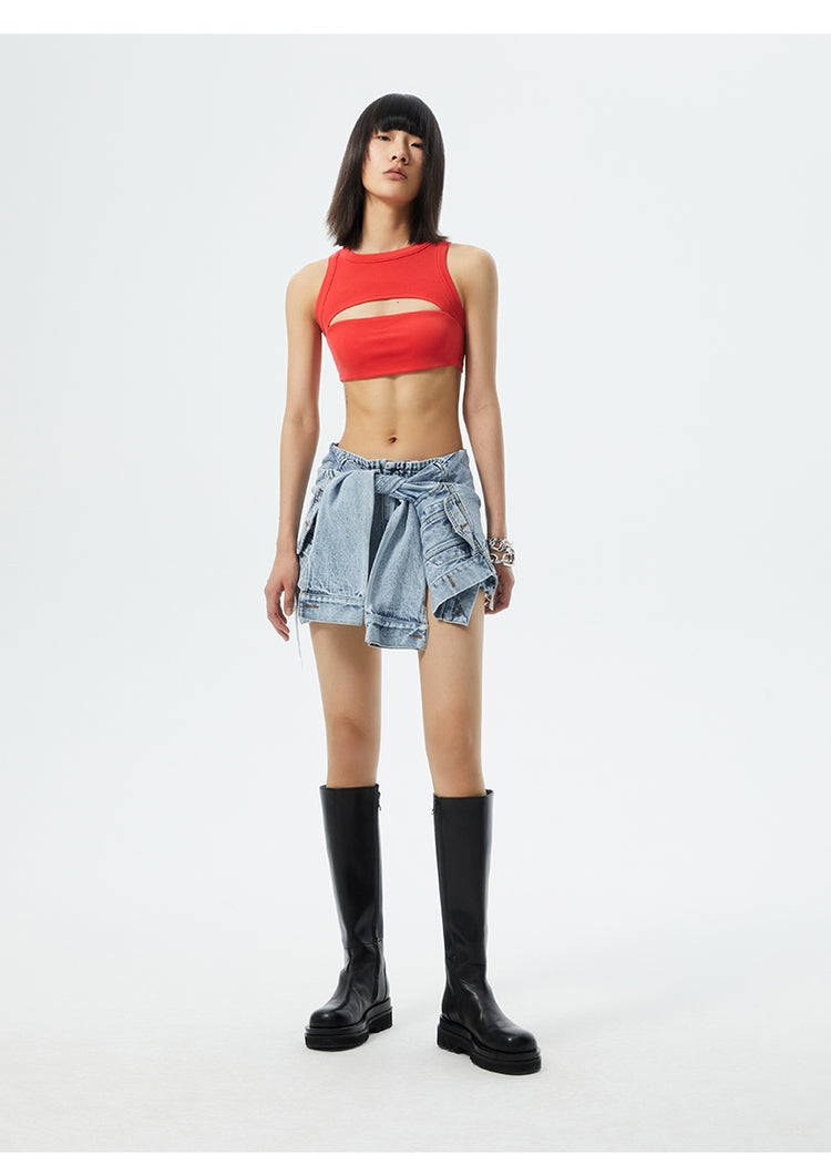 SHOWROOM PLUS ILLUSION tied-sleeve denim shorts, blue, full front outfit with red crop top