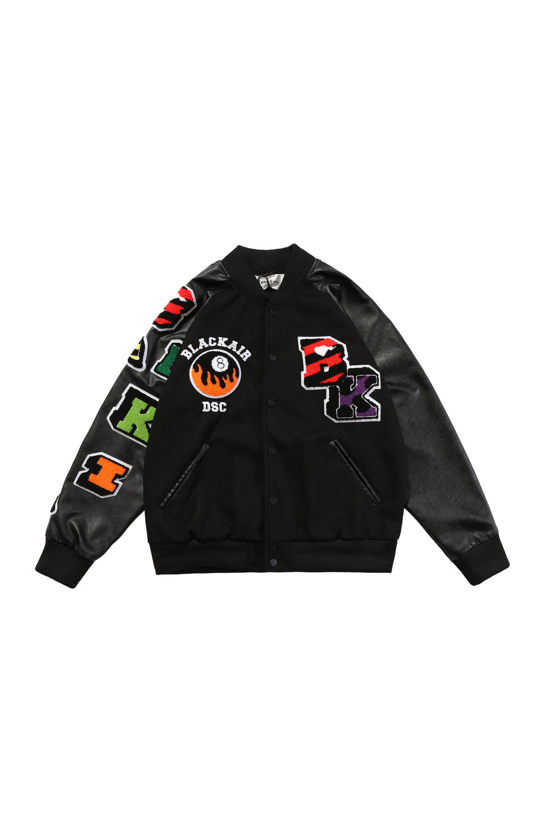 BLACKAIR FIRE POOL eight-ball varsity jacket, black version, product-only front