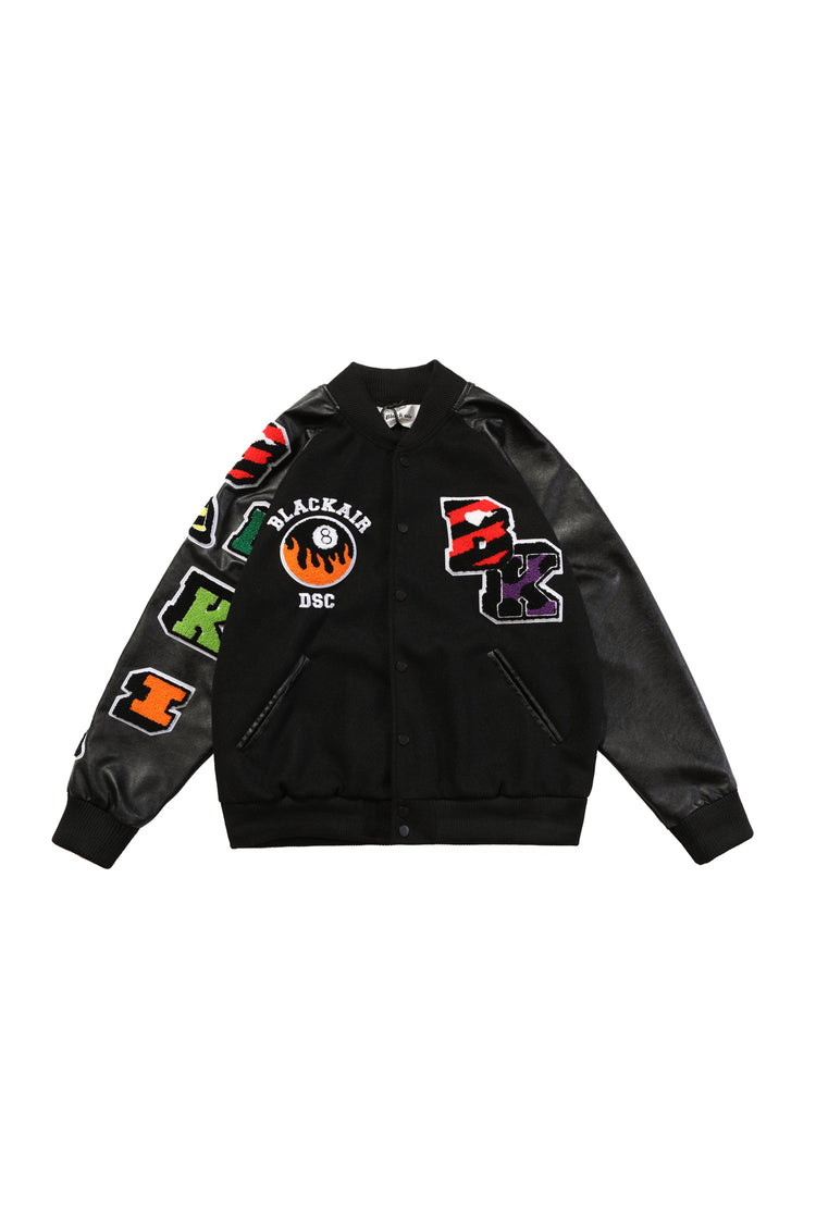 BLACKAIR FIRE POOL eight-ball varsity jacket, black version, product-only front
