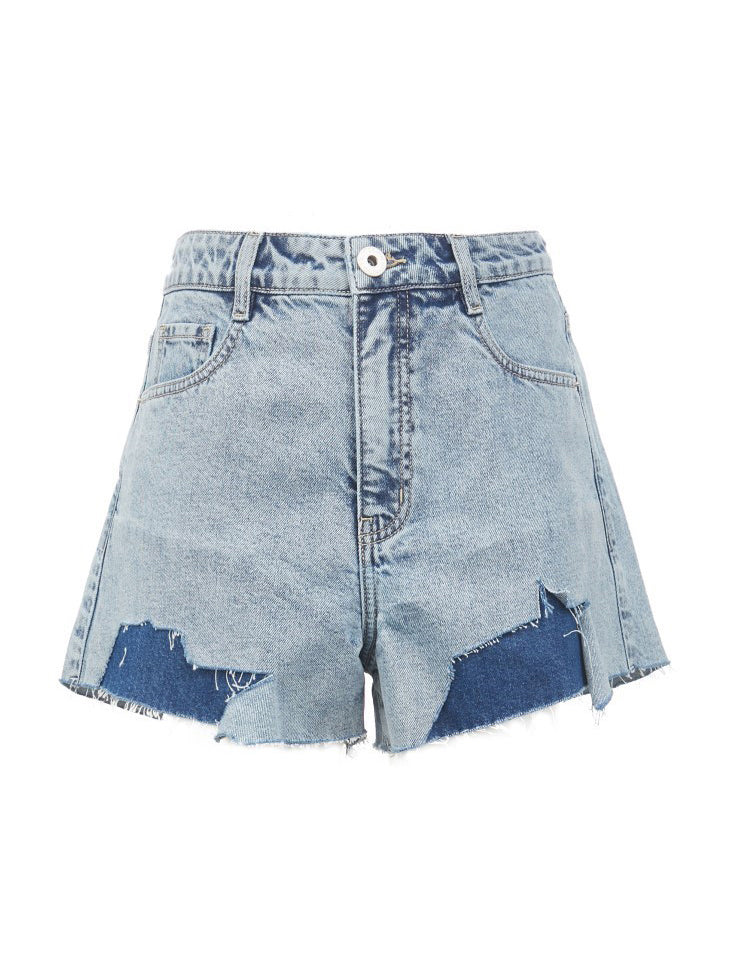 ONLY PAPER TEAR patchwork denim shorts, blue, product-only front