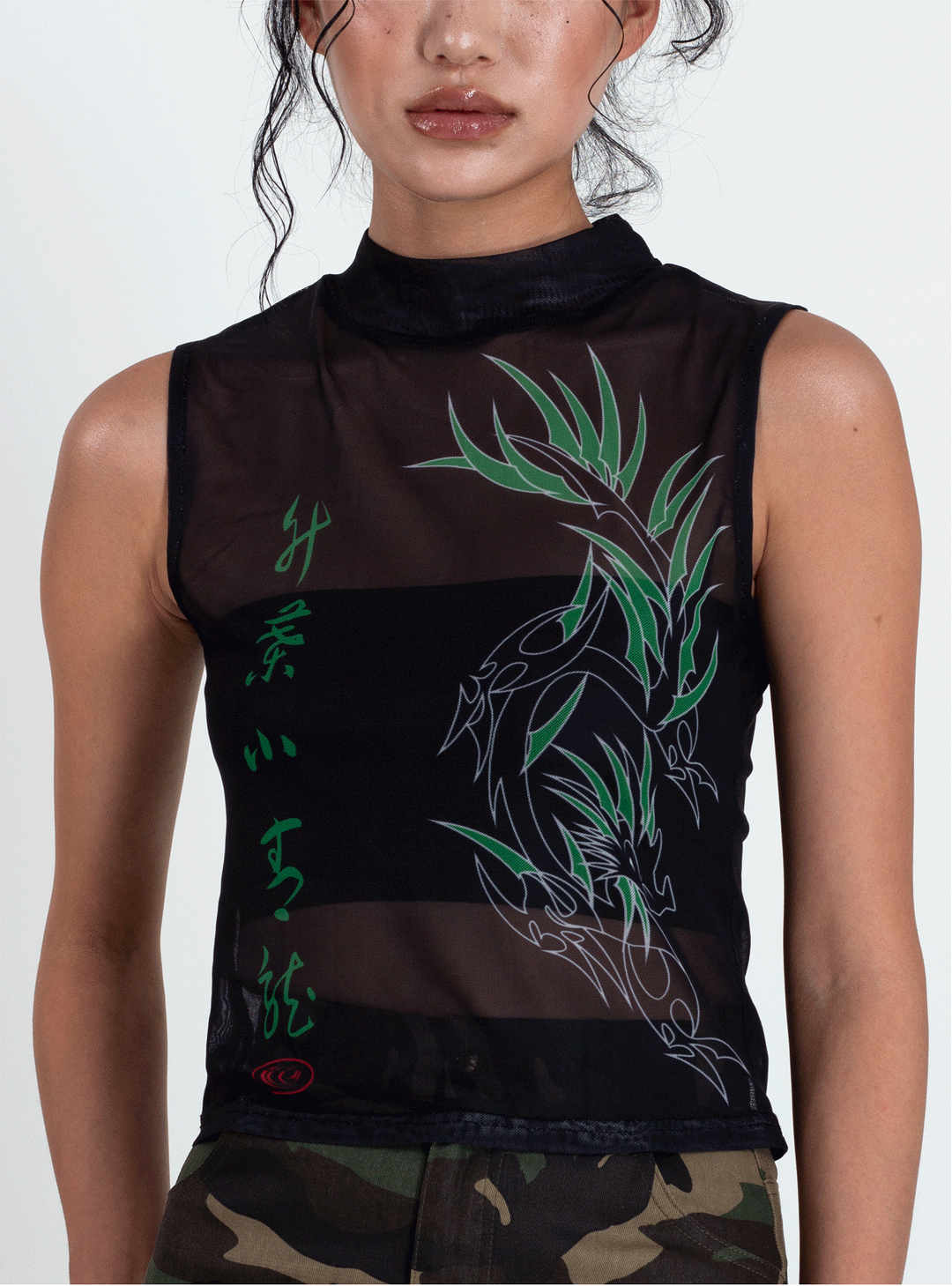 4RE1GN BAMBOO DRAGON sleeveless mesh vest, close front showing the dragon and lettering print