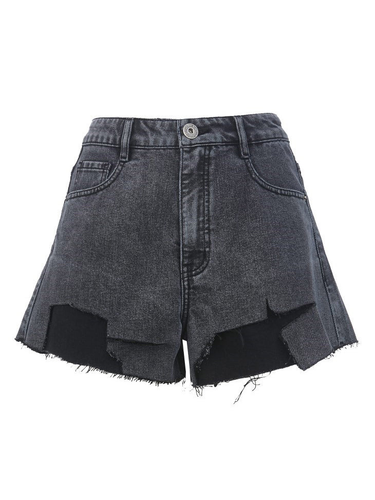 ONLY PAPER TEAR patchwork denim shorts, black, product-only front
