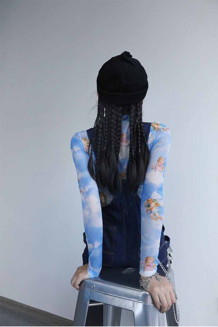 CLICK CHIC ANGEL cherub-print mesh crop top, rear seated pose showing sleeve print