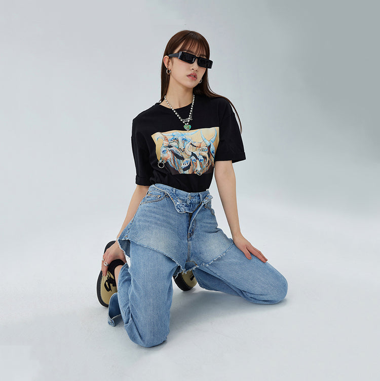 CLICK CHIC HACKWRENCH layered denim shorts, kneeling front pose over separate jeans