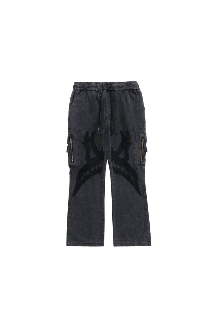 BLACKAIR BUTTERFLY SKULL cargo jeans, black butterfly-skull graphics, product-only front
