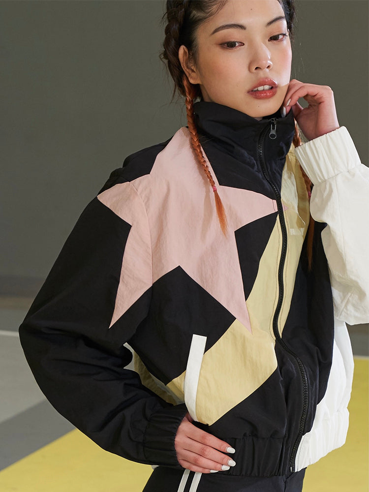 NEXT PASSPORT STAR COLOR BLOCK track jacket, close collar and pink-star detail