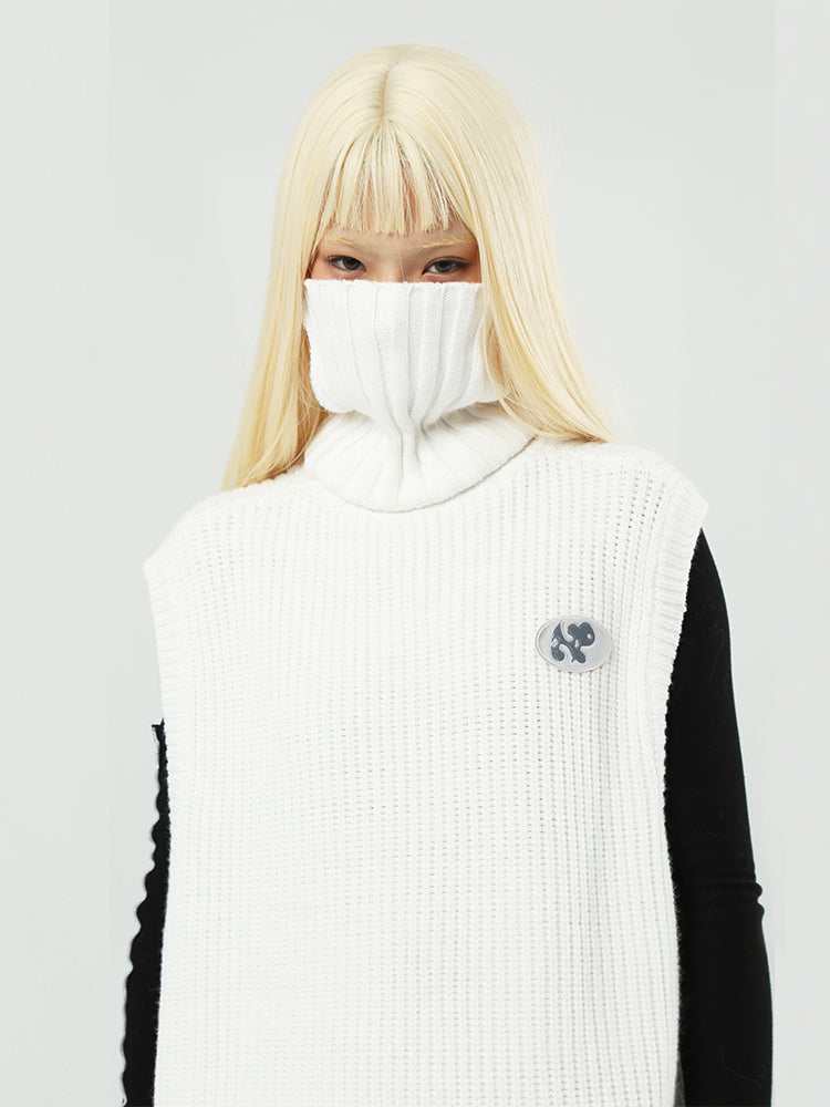NEXT PASSPORT WHITE LAMB sleeveless turtleneck sweater, front styling with the tall collar raised