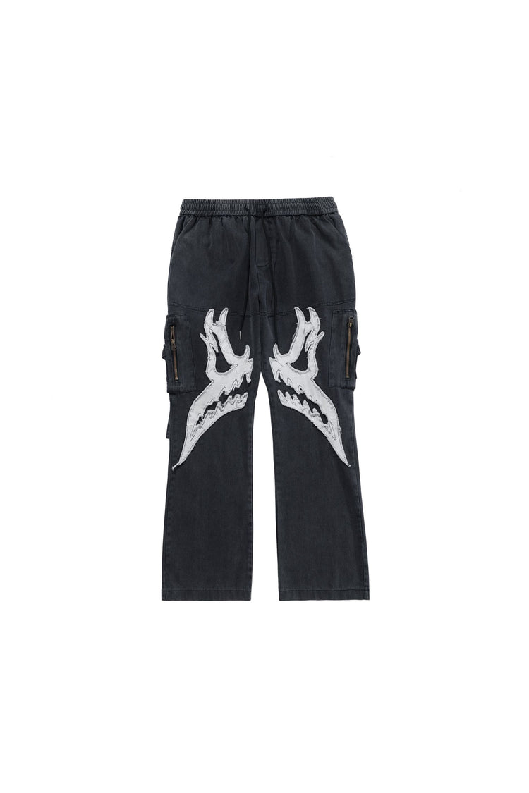 BLACKAIR BUTTERFLY SKULL cargo jeans, white butterfly-skull graphics, product-only front