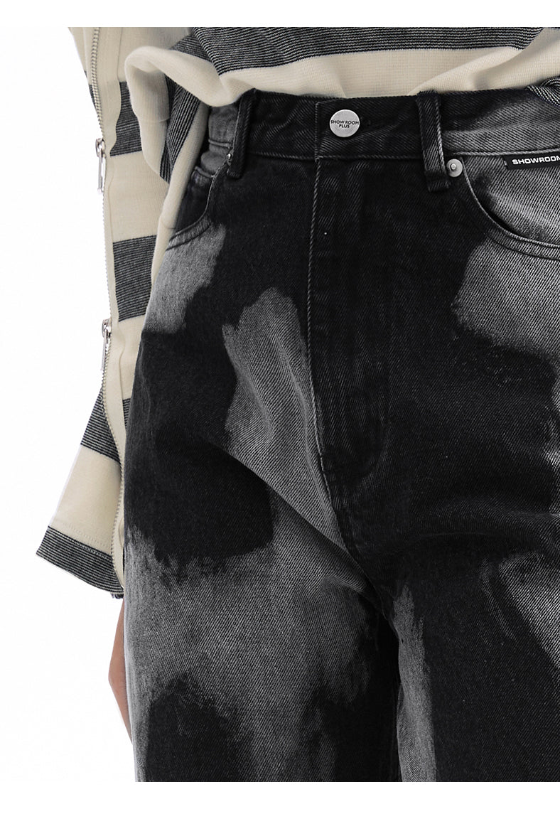 SHOWROOM PLUS SMOKY mottled-wash straight-leg jeans, waist button and upper-thigh wash detail
