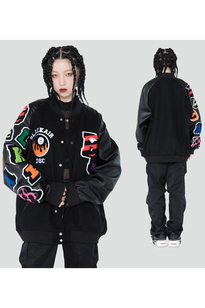 BLACKAIR FIRE POOL eight-ball varsity jacket, black version, front and rear styling collage