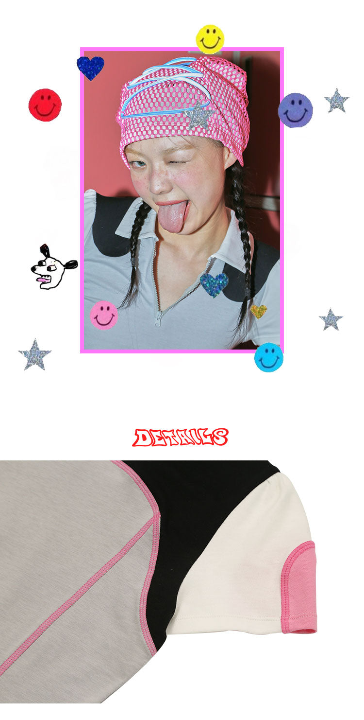NEXT PASSPORT RETROFUTURE color-block polo bodysuit, close portrait and contrast-seam detail collage