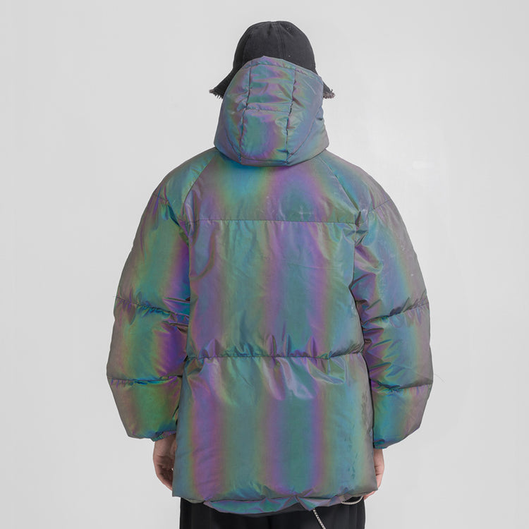 BLACKAIR LASER iridescent hooded puffer, rear modeled view with hood raised