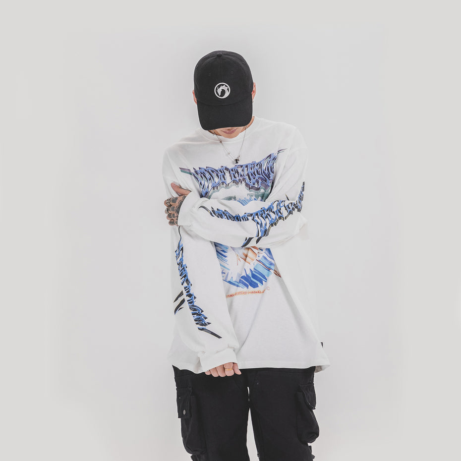 BLACKAIR FAIRY DUST winged-figure sweatshirt, white, full front outfit with black cap